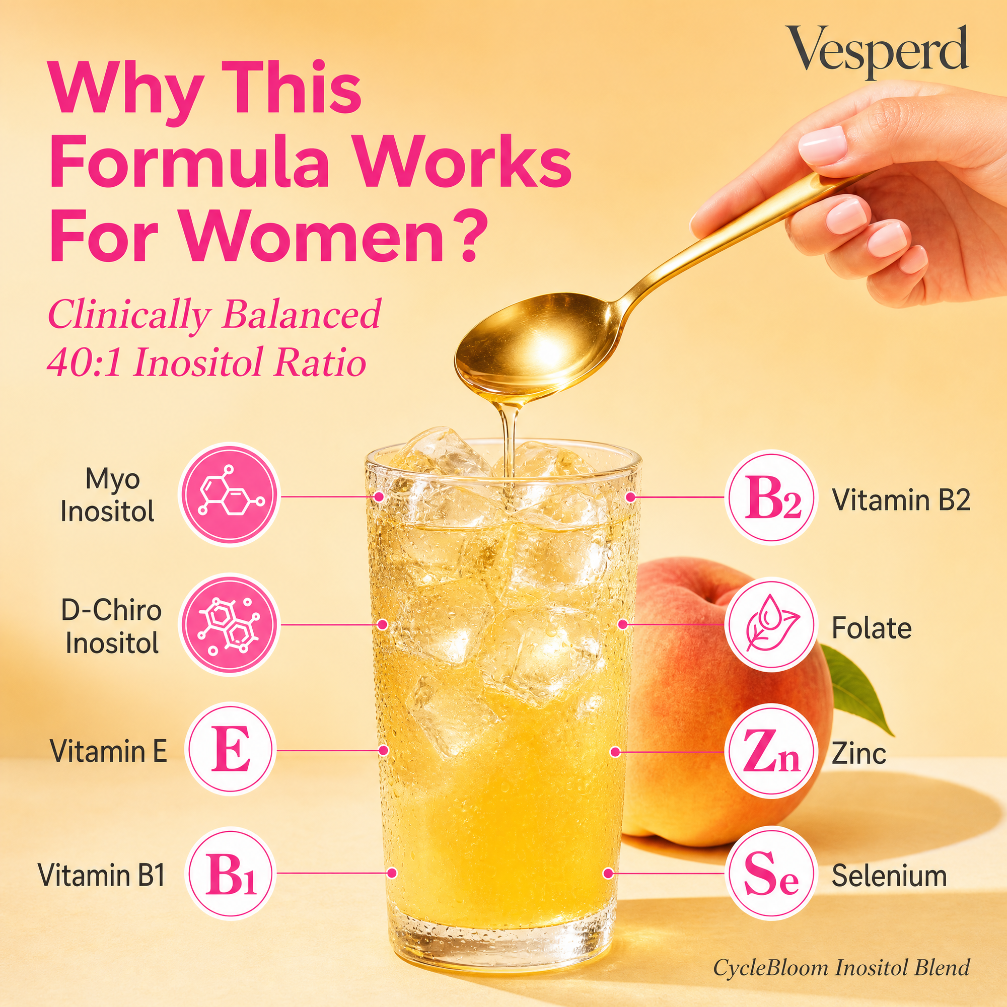 A promotional graphic for Vesperd CycleBloom Inositol Blend. The image shows a hand holding a gold spoon and pouring a golden liquid into a glass of iced tea, next to a peach.