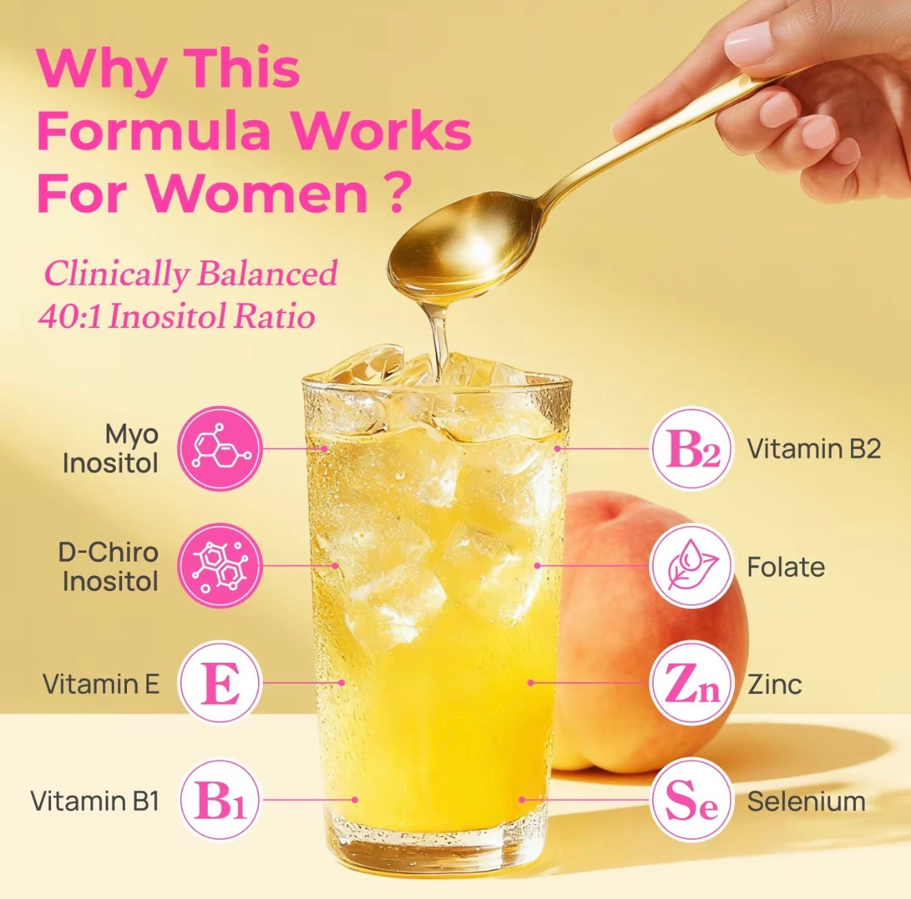 A promotional graphic for a women's health drink or supplement, showing a hand holding a gold spoon and pouring a golden liquid into a glass of iced yellow drink. A peach sits behind the glass.