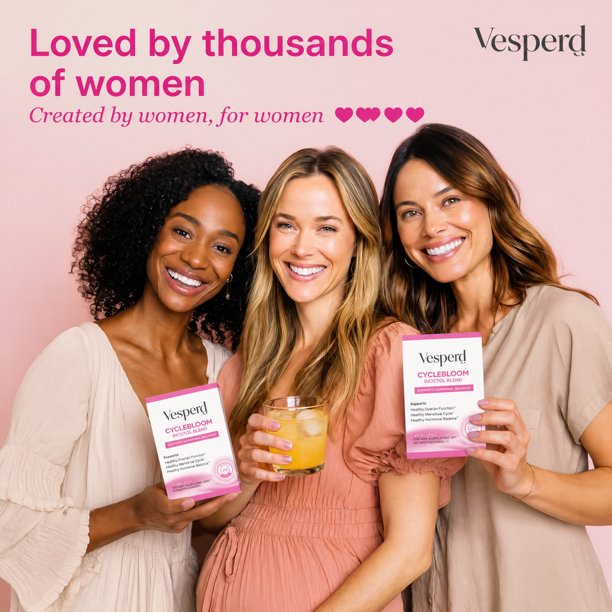 Three smiling women standing together against a soft pink background, each holding a box of Vesperd Collagen + Peptide Cream. Large pink text at the top reads 'Loved by thousands of women' and the Vesperd logo appears in the upper right.