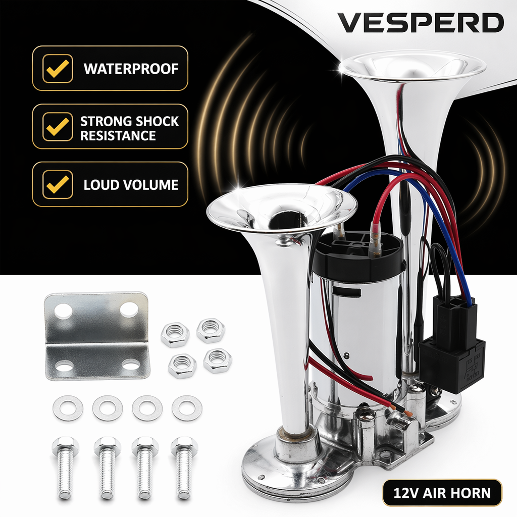 A 12V Vesperd air horn with a polished chrome horn and motor assembly, shown with mounting hardware on a split black-and-white background. Text highlights waterproof, shock-resistant, and loud volume features.