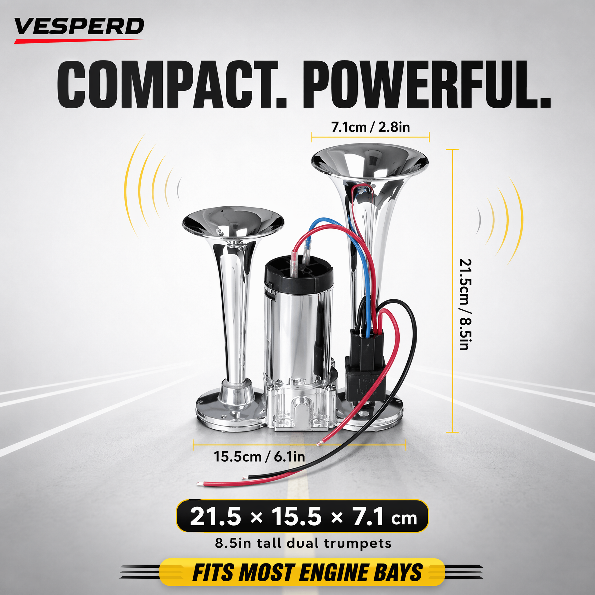 Vesperd compact dual horn blower set with dimension labels showing 21.5 x 15.