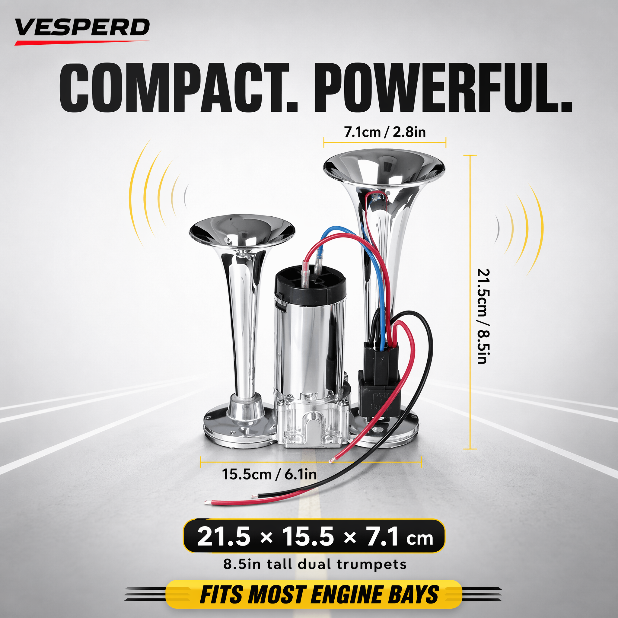 Vesperd compact dual horn blower set with dimension labels showing 21.5 x 15.
