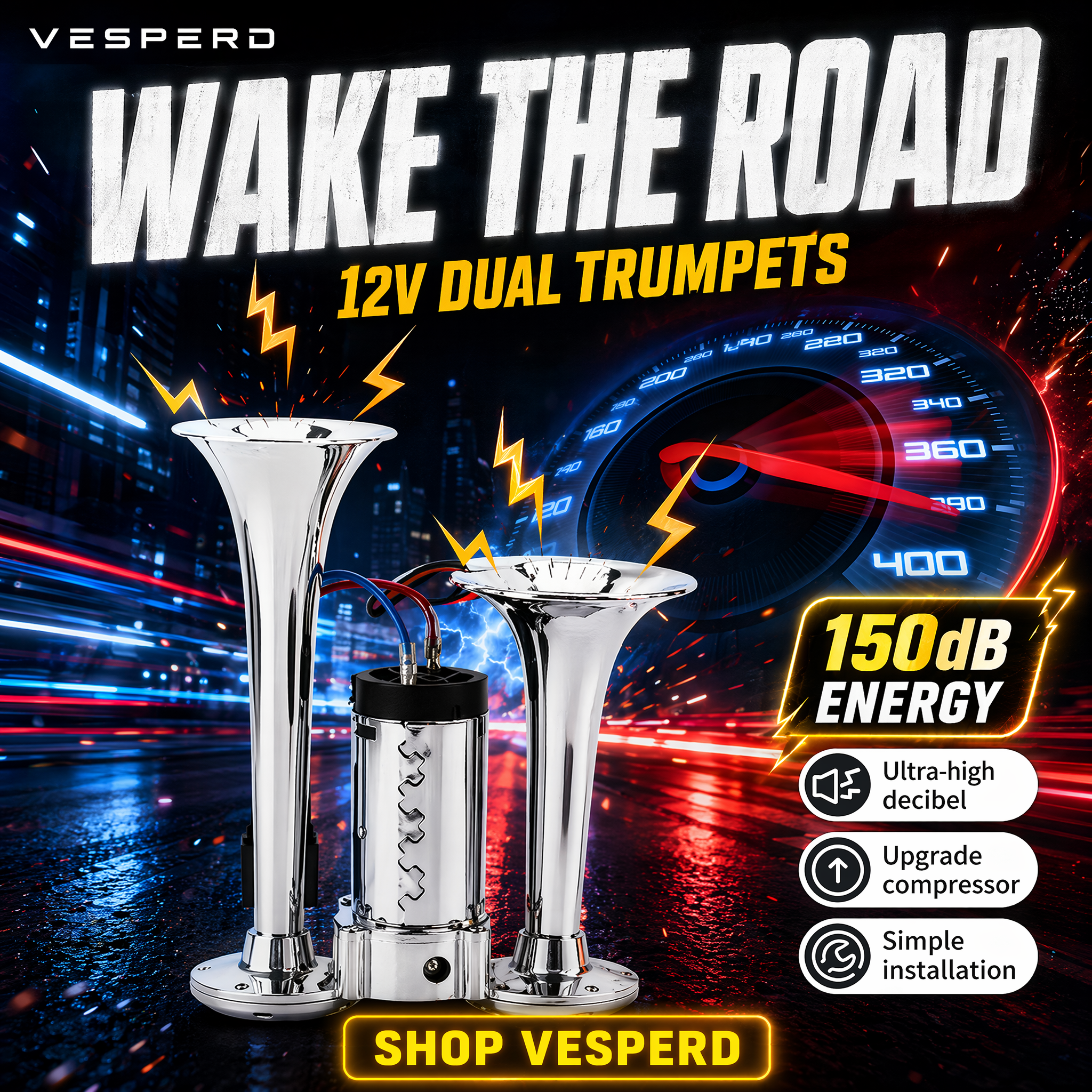 Vesperd 12V dual chrome horn car audio speakers with a central electronic control module, set against a dark city street background with speedometer graphic and promotional text.