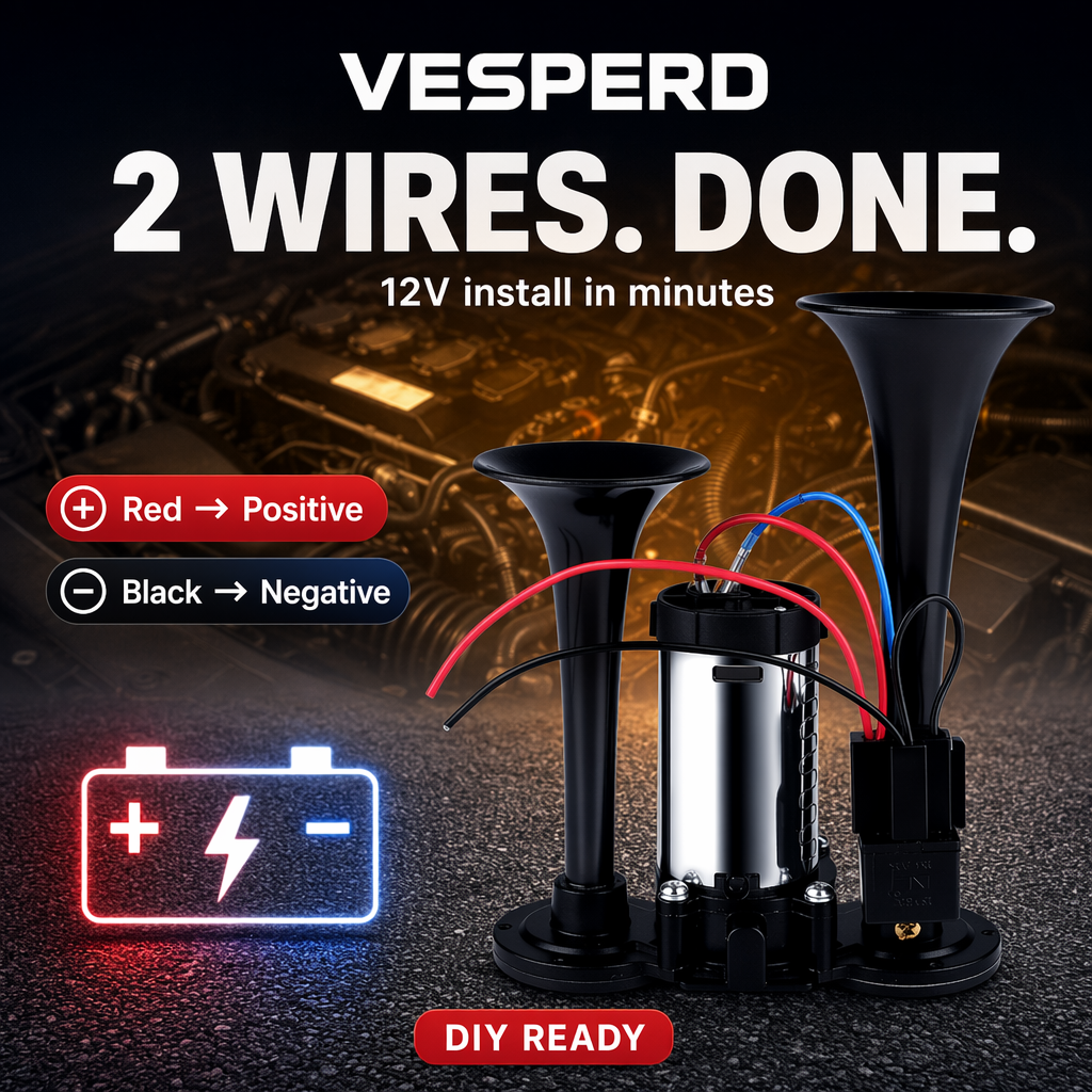 A 12V dual horn vehicle sound system with two black horn cones, a silver cylindrical motor, and red/blue wires, shown with text overlays 'VESPERD 2 WIRES. DONE.