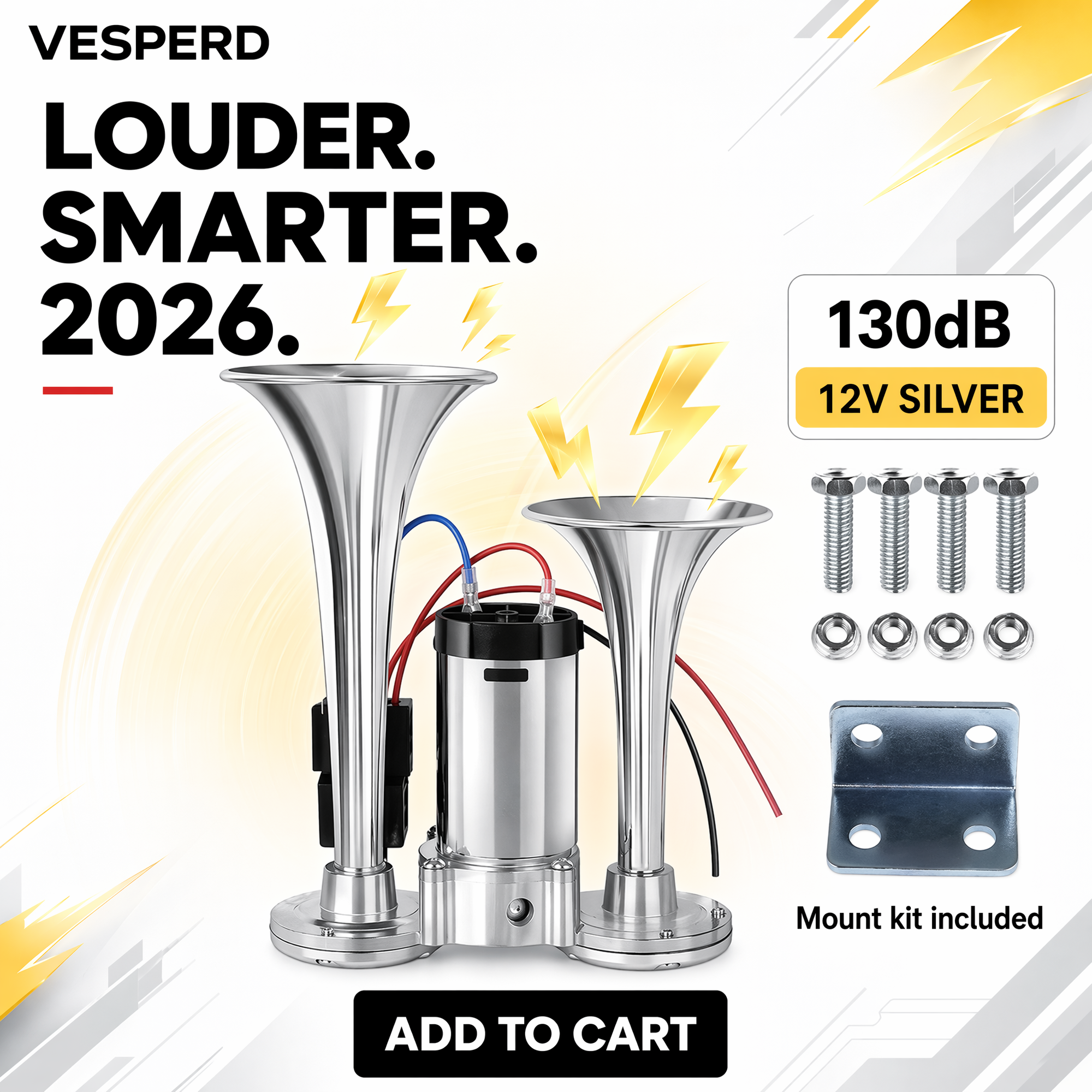 Vesperd 12V silver 130dB dual horn system with two chrome horn nozzles, a central electric pump motor, mounting bracket, and hardware accessories on a white and yellow graphic background.
