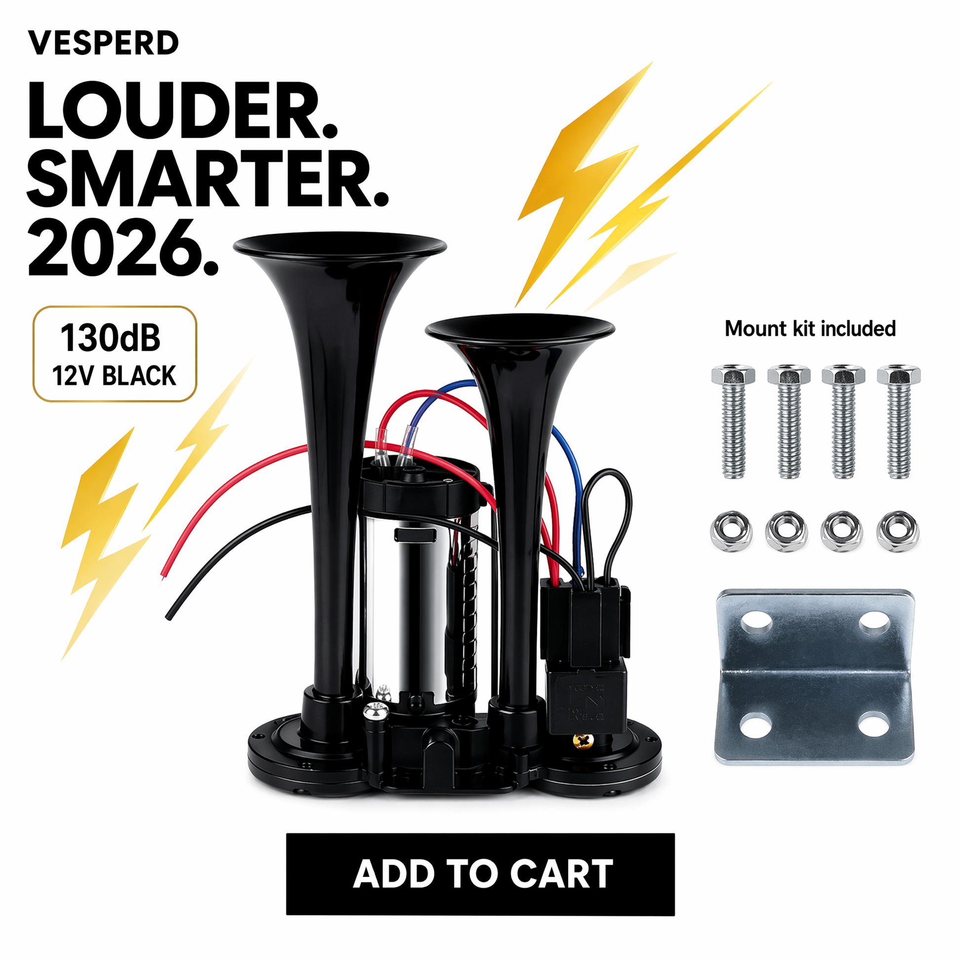 Vesperd double horn system in black with two high-pressure horn cones, wiring, included mounting hardware, and promotional text on a white background.
