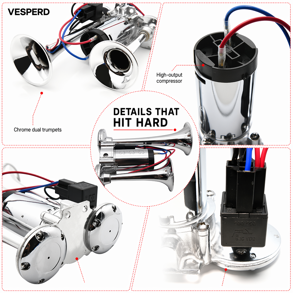 A composite product diagram for a chrome dual trumpet-style car horn with wiring and labeled details, including 'Chrome dual trumpets,' 'High-output compressor,' and 'DETAILS THAT HIT HARD.' The image shows multiple close-up views of the horn and compressor on a white background.