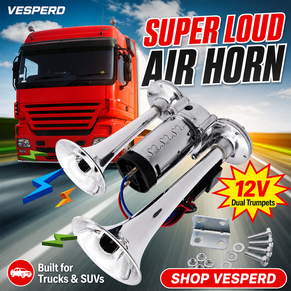 Vesperd 12V dual trumpet air horn kit for trucks and SUVs, featuring two chrome-plated metal air horns, mounting brackets, and hardware, set against a background of a red semi-truck and a blurred road with 'SUPER LOUD AIR HORN' text overlays.