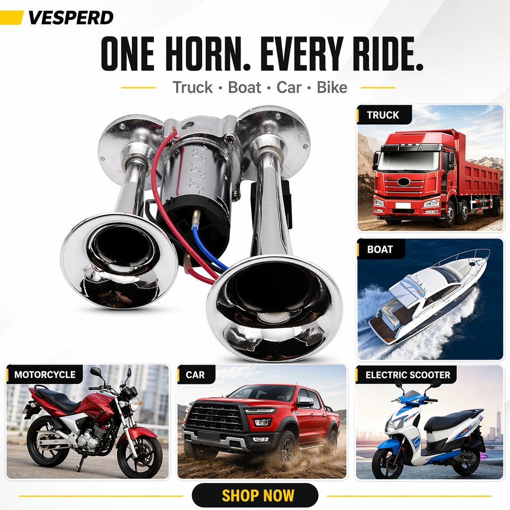 Vespert one-horn air horn set for truck, boat, car, and bike, shown with six inset images demonstrating use on a red truck, a boat, a motorcycle, a car, and an electric scooter.