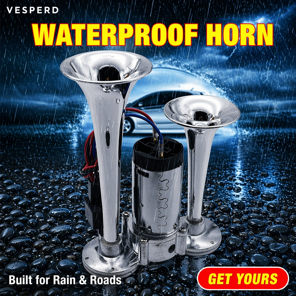 A Vesperd waterproof horn set with two polished chrome horn cones and a central electric pump unit, shown on a rainy road-slicked background with large yellow text reading 'WATERPROOF HORN' and a red 'GET YOURS' badge.