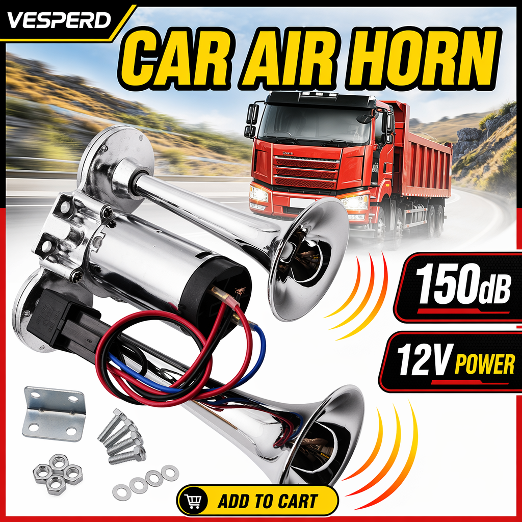 A set of two chrome car air horns with wiring, mounting brackets, and screws, shown on a promotional graphic with a red truck, '150dB', '12V POWER', and 'VESPERD' branding.