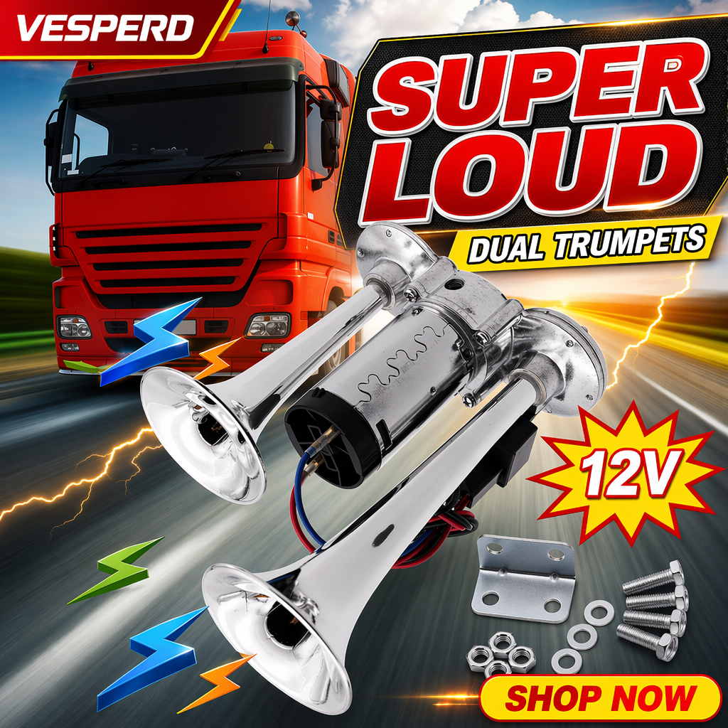 A chrome dual trumpet-style vehicle horn kit with mounting hardware, shown prominently over a road scene with a red truck and bold promotional text reading 'SUPER LOUD', 'DUAL TRUMPTETS', '12V', and 'SHOP NOW'.
